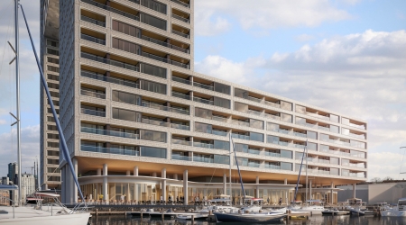 Toepassing gerecyclede kunststofprofielen Aanzicht gebouw aan het water